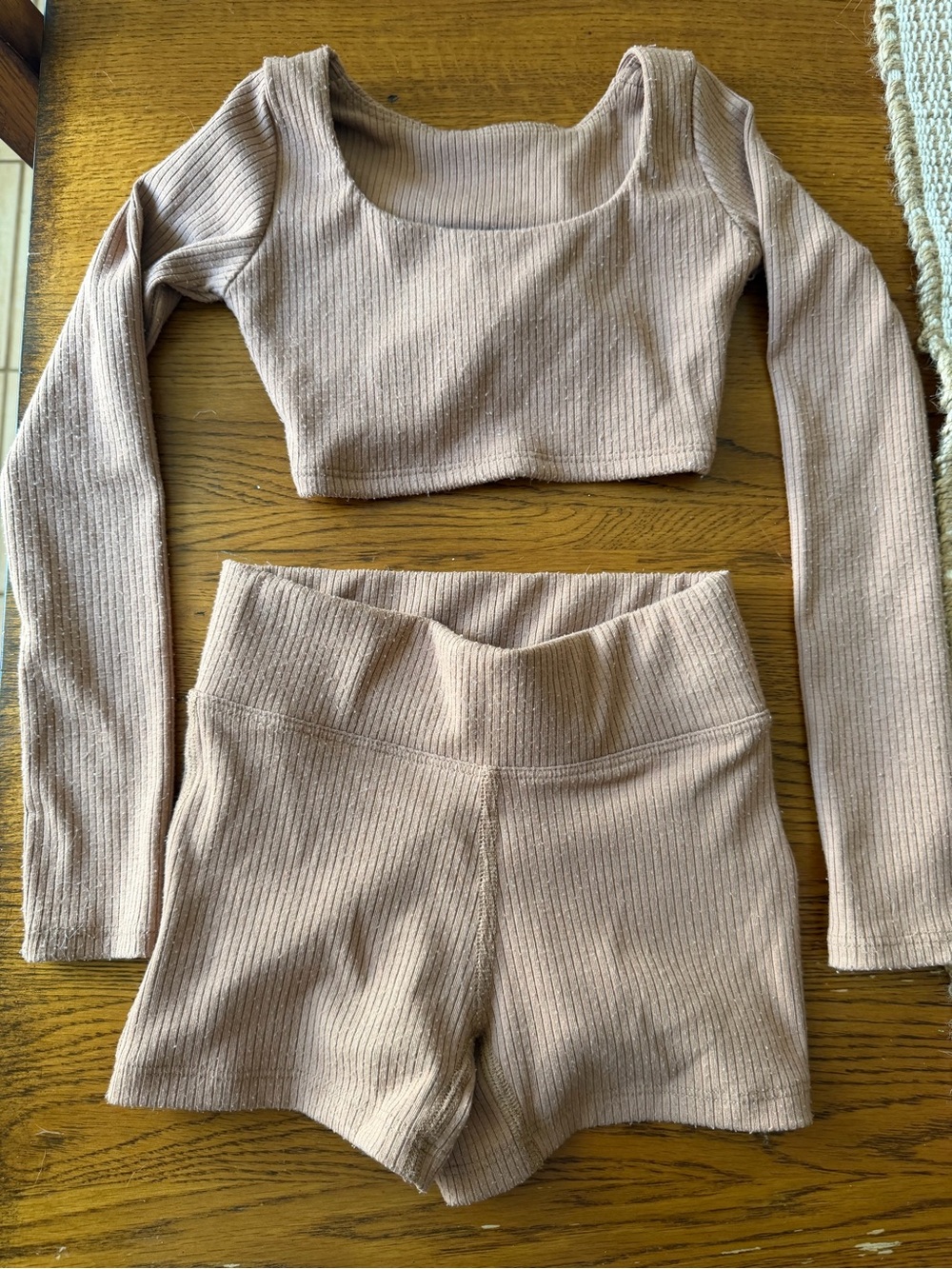 Kids Ribbed Long-Sleeve Crop Top & High-Waist Shorts Set - Taupe
